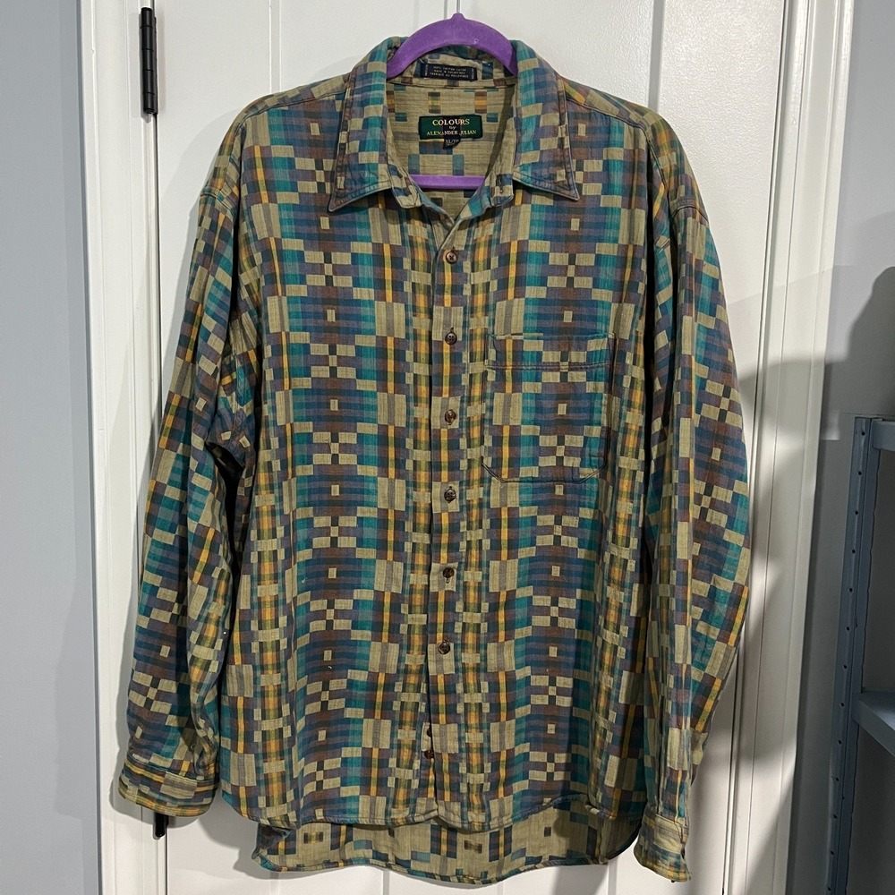 VTG 90's Colours Alexander Julian Multicolor Geo Plaid Shirt Men XL Artsy Retro